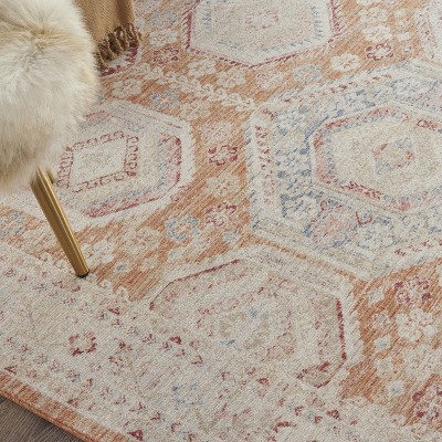 Brick and Blue Hand-knotted Synthetic Vintage Rug