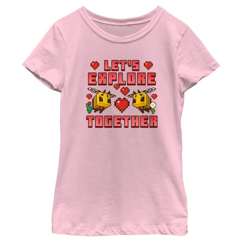 Girl's Minecraft Let's Explore Together Valentine Bee T-Shirt, 1 of 5