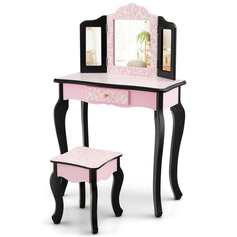 Costway Kid Vanity Set Wooden Makeup Table Stool Tri-Folding Mirror Leopard Print Pink, 2 of 11