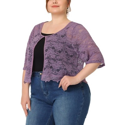Agnes Orinda Women's Plus Size Round Neck Sheer 3/4 Sleeve Lace Elegant Cardigans