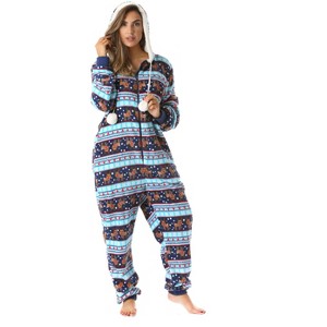 Just Love Womens One Piece Winter Holiday Adult Bodysuit Faux Shearling Lined Hoody Xmas Pajamas - 1 of 4