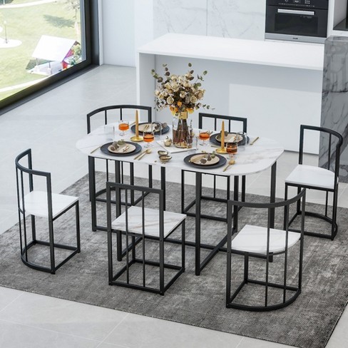 Modern 7 piece Dining Table Set With Faux Marble Top And 6 Chairs