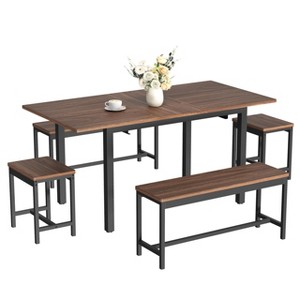 TROPOW Extendable Dining Table Set for 6-8 People, Farmhouse Style Wooden Table with 2 Benches and 2 Stools - 1 of 4
