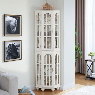 Okak Corner Curio Cabinet, Display Cabinet with 4 Adjustable Tempered Glass Shelves and Solid Wood Legs, Cabinet for Living Room