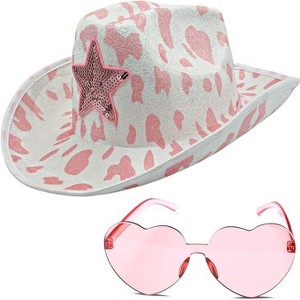 Cow Print Cowboy Hat with Glasses - White & Pink Color Available - Women’s Cowgirl Costume Outfit, Girls Cowboy Hats for Women, Cowgirl Hat Pink - 1 of 4