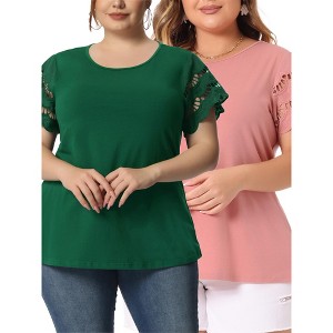 Agnes Orinda Women's Plus Size Crew Neck Lace Panel Short Sleeve Elegant Work Packs Blouses - 1 of 4