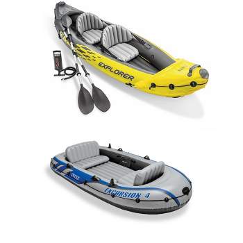 Intex Excursion 5 Person Inflatable Outdoor Fishing Raft Boat Set With 2  Aluminum Oars And Air Pump With A Intex Composite Motor Mount Kit : Target