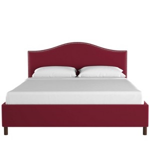 Twin Nail Button Platform Bed in Velvet Berry Red - Skyline Furniture, Pink Red