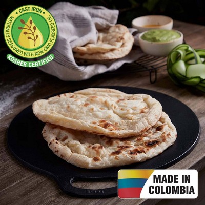 Victoria 12-Inch Black Cast Iron Tawa Dosa Pan with Loop Handle