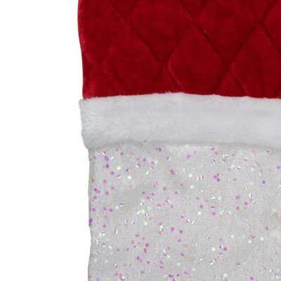22.25" White Iridescent Glittered Christmas Stocking with Red Velveteen Cuff
