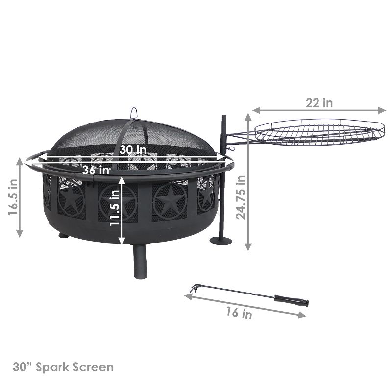 Sunnydaze Outdoor Portable Camping or Backyard Steel Large All Star Fire Pit Bowl with Spark Screen and Cooking Grate - 30" - Black, 4 of 12