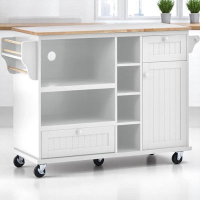 50.8" Rolling Kitchen Island Cart with Solid Wood Top, Storage Cabinet, 2 Drawers, Open Shelves,Microwave Stand for Kitchen, Kitchen Cabinets