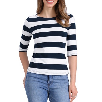 INSPIRE CHIC Women's Stripes Casual Basic Elbow Sleeves Boat Neck Slim Fit T-Shirts