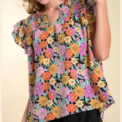 Women's Split Neck Floral Printed York Top - umgee