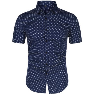 Lars Amadeus Men Short Sleeves Polka Dots Button Down Shirt Navy Blue ...