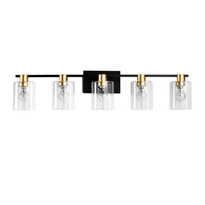 VYNXARIA 5-Light Wall Lights, Matte Black + Gold Vanity Fixture with Glass Shades for Bathroom and Kitchen