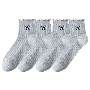 Anna-Kaci Women's 4-Pair Pack Sheer Ribbed Ankle Socks with Ruffled Trim and Embroidered Bow Detail in Multiple Color Combinations - 1 of 4