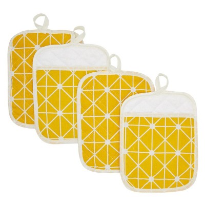 Okuna Outpost 4 Pack Geometric Yellow Pot Holders, Hot Pads for Kitchen Counter, Pan Handles Heat Resistant, 7 x 8.5 in