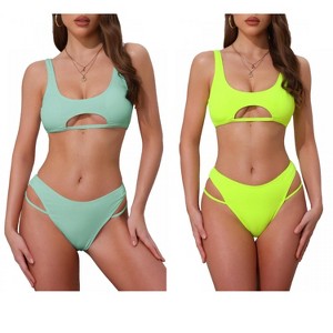 INSPIRE CHIC Women's Ribbed Scoop Neck Top Triangle Bottom Swimwear Bikini Suits 2 Sets - 1 of 4