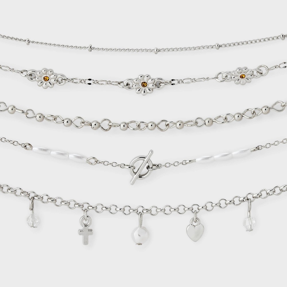 Mixed Cross Charm Choker Necklace Set 5ct - Wild Fable™ Silver