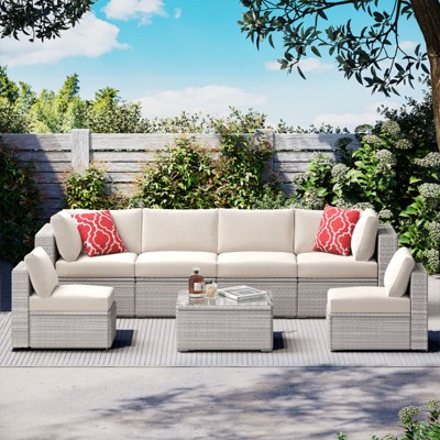ELJGET 7PCS Patio Rattan Furniture Set Sectional Sofa Cushioned Garden Peacock Blue