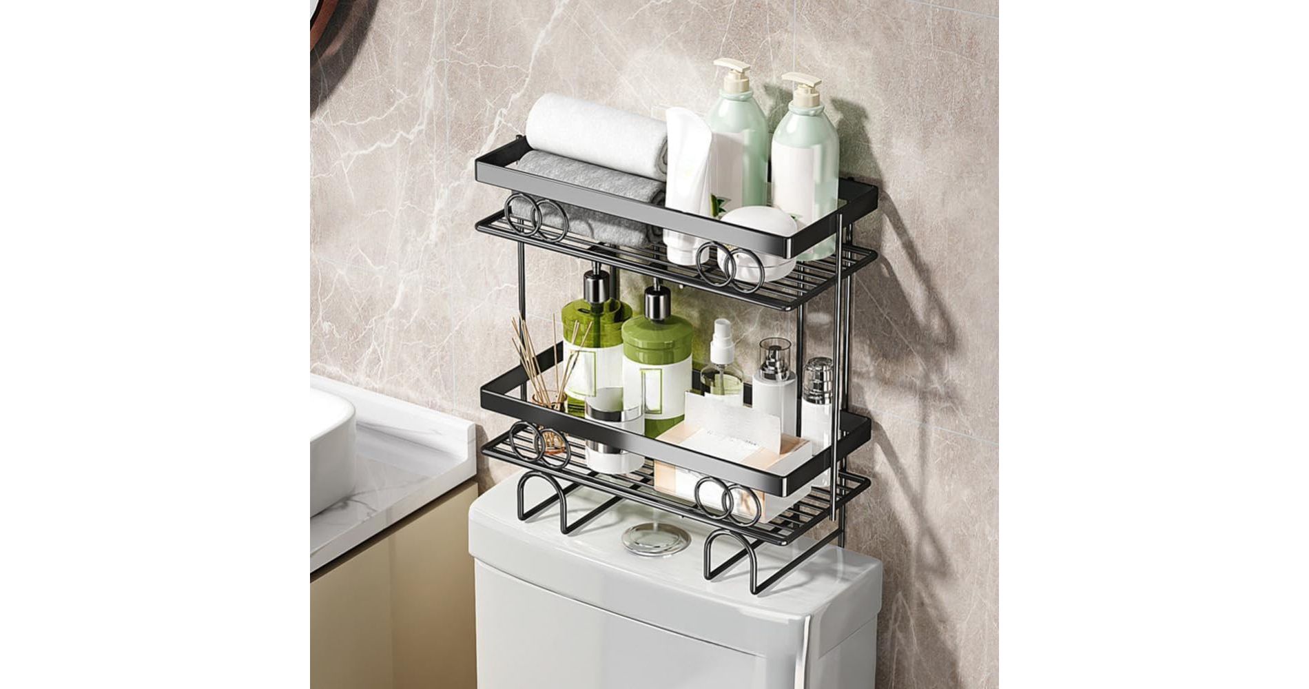 Coucheta Alloy Steel Over-Toilet Bathroom Organizer - Single Layer No-Drilling Storage Shelf, Above Toilet Rack, Back Organizer