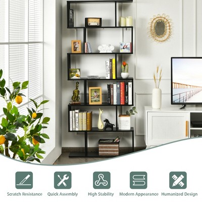 Black Tall S-Shaped Wooden 6-Tier Bookshelf