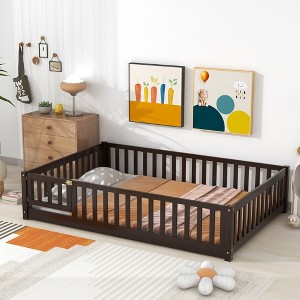 KTMBDW Twin/Full Floor Bed for Children, Sturdy Wood Montessori Bed Frame with Wood Slats, Fence & Door, Montessori Floor Bed for Girls and Boys - 1 of 4