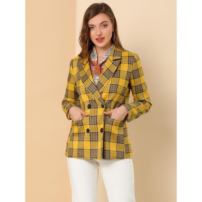 Allegra K Women's Casual Fit Notched Lapel Double Breasted Plaid Formal Blazer, 3 of 8