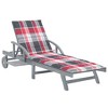 vidaXL Acacia Wood Sun Lounger with Wheels, Pull-Out Table and Adjustable Backrest - Gray Chaise Lounge Chair for Garden/Patio with Red Check Cushion - 2 of 4