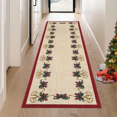 Christmas Area Rugs, Bells Holly Berry Ribbon Garland Traditions Throw Carpet Runner Rugs for Living Room Bedroom Kitchen Dining Room Nursery Office