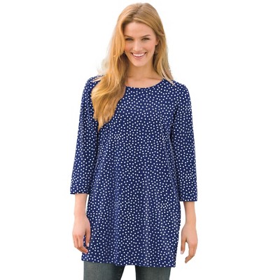 Woman Within Plus Size Perfect Printed Three-Quarter-Sleeve Scoopneck Tunic