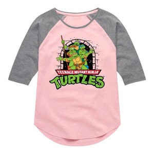 Girls' - Teenage Mutant Ninja Turtles - Logo Character Group Shirt Tail Raglan Graphic T-shirt - 1 of 4