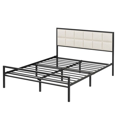 Metal Bed Frame with Upholstered Square Stitched Headboard, Faux Leather Platform Bed Frame, Steel Slats Support, Box Spring Optional