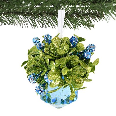 Blue and Green Glitter Mistletoe Jewel Ornament, 2.75 Inches