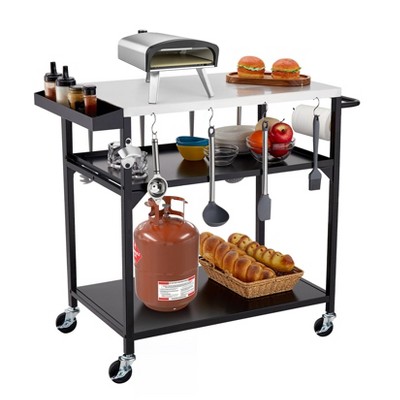 Outdoor Grill Cart Table, Pizza Oven Stand Table with 4 Wheels, BBQ Kitchen Food Prep Table with Side Table and Handle