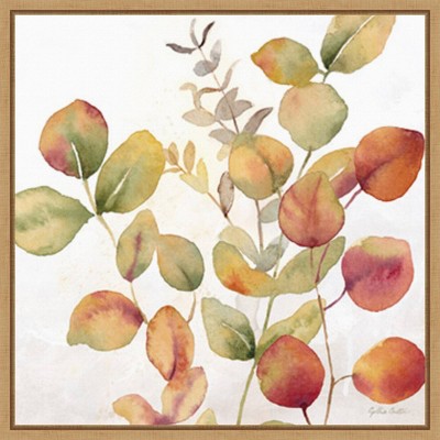 Eucalyptus Leaves Fall I Watercolor Canvas Print with Maple Frame