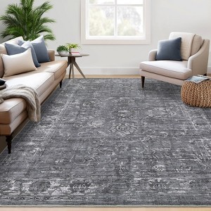 Large Machine Washable Area Rug for Bedroom 8x10 Living Room Vintage Floral Print Stain Resistant Accent Rug Non-Slip Foldable Distressed Carpet - 1 of 4