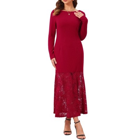 Женские платья INSPIRE CHIC Women's Lace Formal Fishtail Boat Neck Long Sleeve Wedding Guest Evening Dress Large Burgundy