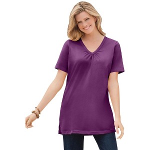 Woman Within Plus Size Perfect Short-Sleeve Shirred V-Neck Tunic - 1 of 4