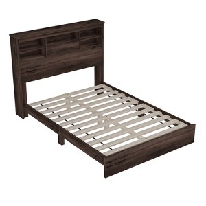 TiramisuBest Queen Size Wooden Platform Bed with Storage Headboard - Walnut MDF Design - 1 of 4