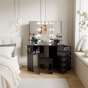 Nasitip Makeup Vanity With Mirror, Corner Vanity Table With 5 Rotating Drawers,3 Color Lighting, Shelves and Stool, Dressing Table Set for Women Girls - 1 of 4