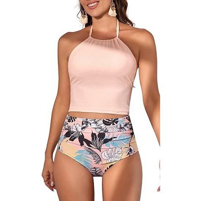 Eomenie Womens Tankini Swimsuit Tummy Control Halter Slimming Two Piece Bathing Suit with High Waisted Bottom