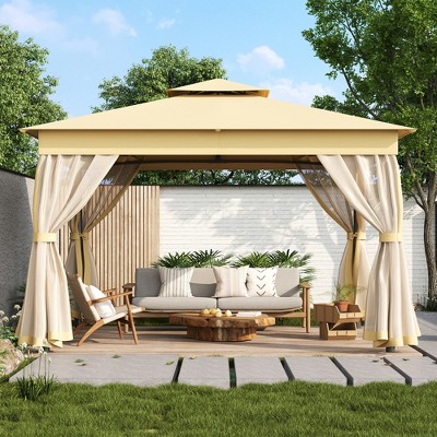VYNXARIA 10*12 Outdoor Gazebo Tent with Double Roofs, Patio Gazebo with Mosquito Netting, Patio Canopy for Backyard, Garden, Lawn and Deck,Beige