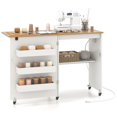 Tangkula Sewing Machine Table with Charging Station Folding Sewing Cabinet w/Lockable Casters