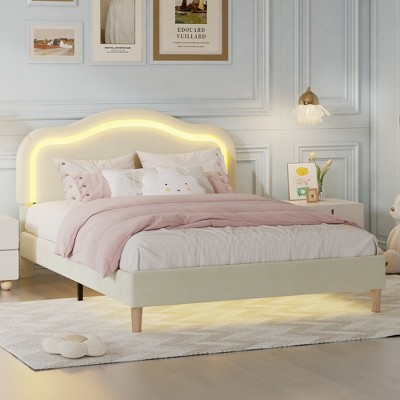 KTMBDW Upholstered Queen Bed Frame with Headboard Adjustable, Velvet Platform Bed with LED Lights, Mattress Foundation with Wooden Slats