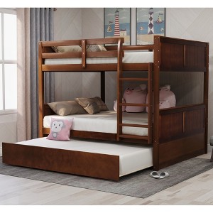 Full Over Full Bunk Bed with Twin Trundle, Convertible into 2 Beds, Solid Wood Frame with Slats, No Box Spring Needed - 1 of 4