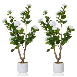 3FT Artificial Camellia Trees 2-Pack, White Faux Camellia Plants with Flowers & Leaves in White Planters for Home & Office - 1 of 4