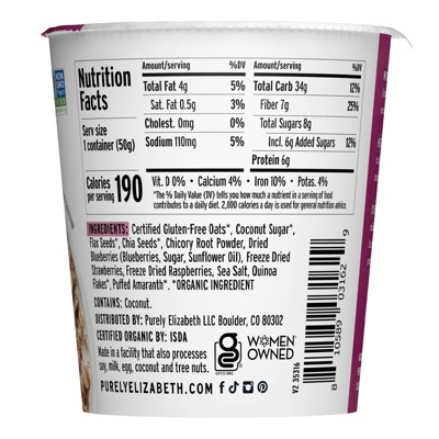 purely elizabeth. Gluten Free Mixed Berry Prebiotic Fiber Oatmeal Cup - 2oz