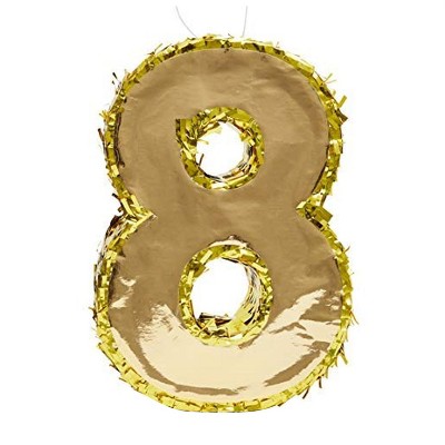 Small Number 8 Gold Foil Pinata, Eighth Birthday Party Supplies, 15.5 x 10.5 x 3 inches